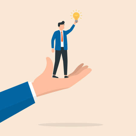 Man holds a light bulb as a symbol of a new idea. Business man in a suit stands with a idea in his hands. Vector illustration.のイラスト素材