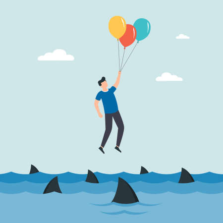Back up plan. Businessman flying with air balloons. Obstacle on road, financial crisis. Way to success. Vector illustrationのイラスト素材