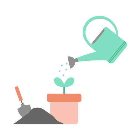 watering can watered plant in flowerpot, vector illustration, gardening concept with plant, soil, trowel and watering canのイラスト素材