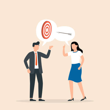 Businessman and woman talk about the business goals. Business team goal achievement. Shared goals, teamwork. Vector illustration.のイラスト素材