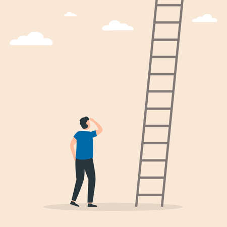 Businessman stands in front of ladders. Conquer new heights. Ladder in sky above clouds. Business concept of career development, growth, opportunity. Vector illustrationのイラスト素材