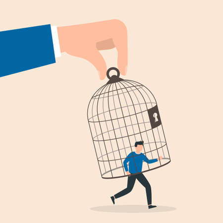 Trap concept. Giant hand capturing a running businessman with birdcage. Man in captivity, dependence on leadership. Vector illustration.のイラスト素材