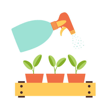 illustration of seedling and spray isolated on white background, small plants growing in the ground, botanical vector illustration in cartoon flat styleのイラスト素材