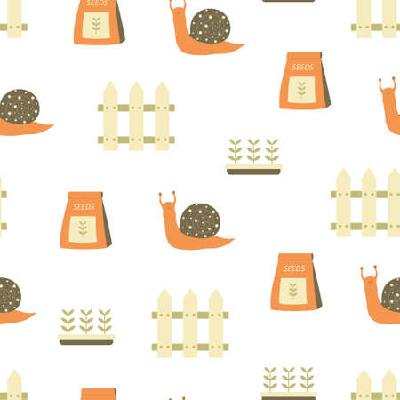 seamless scandinavian pattern, vector kids background with snail and different gardening elements, simple design for printsのイラスト素材