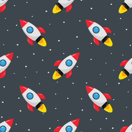 Seamless pattern with rocket space ship and stars on a black background. Vector illustration