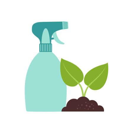 illustration of seedling and spray isolated on white background, small plant growing in the ground, botanical vector illustration in cartoon flat styleのイラスト素材