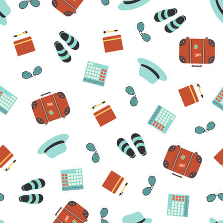 seamless pattern with travel objects, suitcase, hat, sunglasses, calendar, notebook and pen and...
