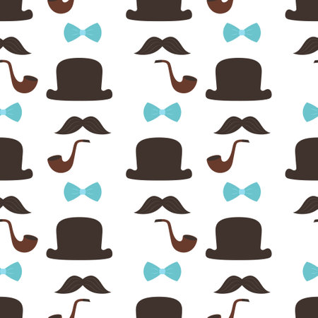 seamless pattern with mens accessories bow tie, tobacco pipe, hat and mustaches, color pattern for father dayのイラスト素材
