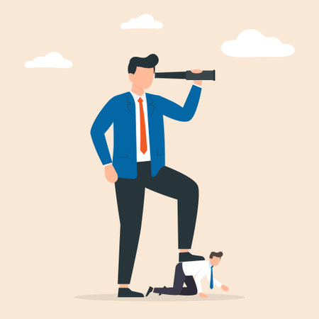 Business concept of giant foot trampling a businessman. Concept of power. Bad boss in the workplace. Vector illustration.のイラスト素材