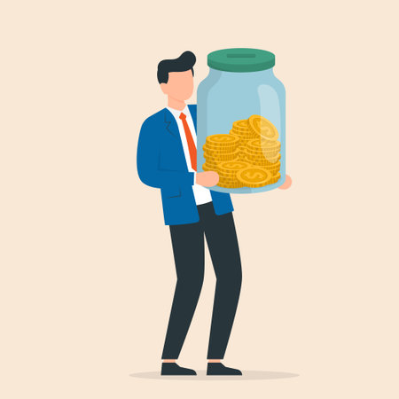 Businessman holding glass jar with full of coins. Saving income in glass bottle for retirement or deposit. Growth, income, savings, investment. Symbol of wealth. Vector illustration.のイラスト素材