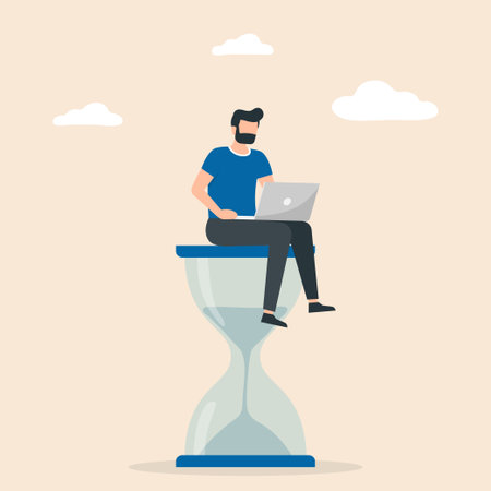Man sitting on an hourglass and working on her laptop. Time management, multitasking, working productivity. Vector illustrationのイラスト素材