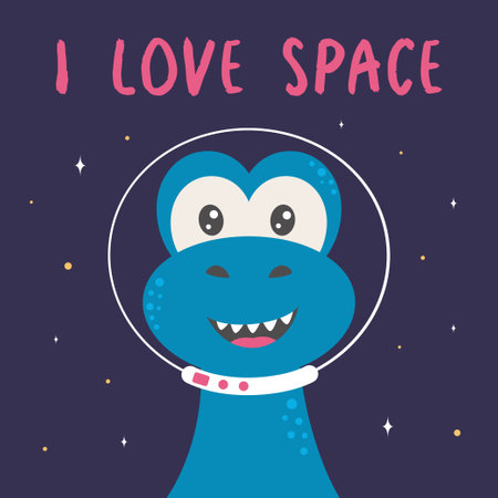 funny dinosaur in space, cute dinosaur cosmonaut, card with dinosaur in outer space, vector color childrens illustration, baby printのイラスト素材