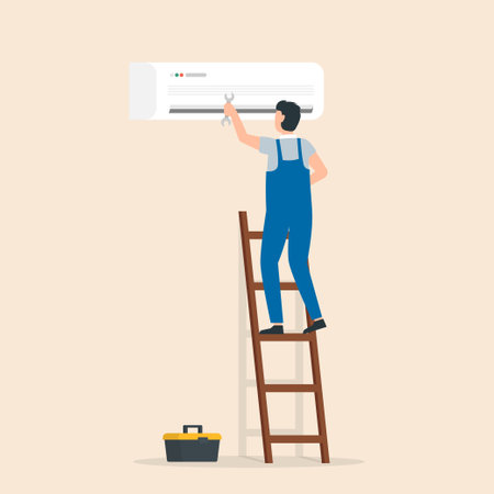 Electrician service. Repair of air conditioners. Maintenance and installation of cooling systems. Warranty repair and cleaning and replacement of filters. Vector illustration.のイラスト素材