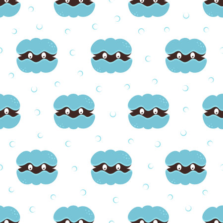 sea shells kids seamless pattern, vector sea texture in cartoon style, cute beach shells with pearl for baby fabric, cute ocean repeated background, vector illustrationのイラスト素材