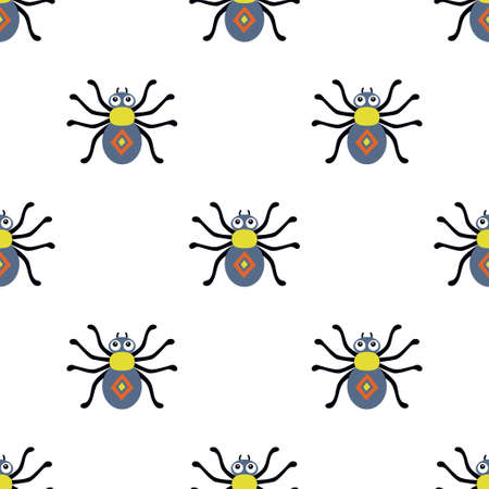 seamless pattern with cartoon spider on white background, cute bugs vector illustrationのイラスト素材