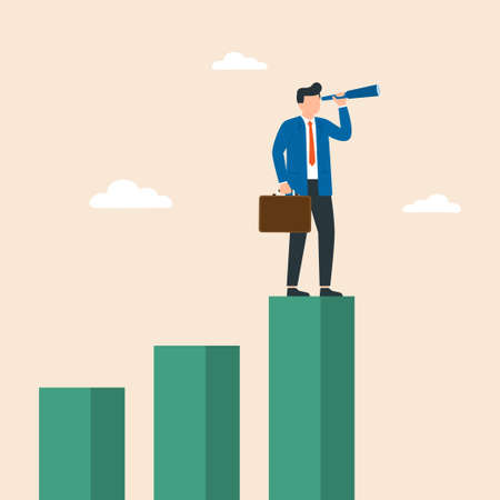 Searching opportunity. Businessman standing on ascending chart while peeking distantly with the telescope. Business vision concept. Vector illustrationのイラスト素材