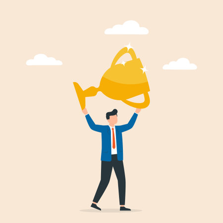 Business man holding up golden cup over head. Concept of business success, triumph or victory celebration. Vector illustration.のイラスト素材