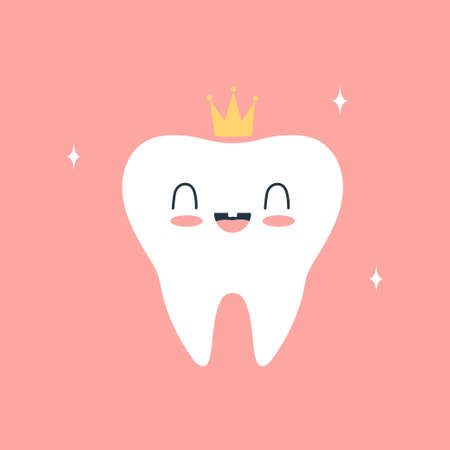 cute tooth fairy wearing crown, vector illustration isolated on pink background, tooth characterのイラスト素材