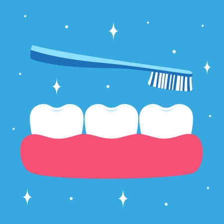 vector illustrations of cartoon teeth in gum, dental card with toothbrush and teeth, health tooth...