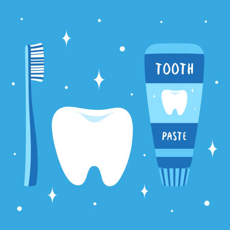 tooth, toothpaste and toothbrush vector set isolated on blue background, flat design, cartoon style, dental hygieneのイラスト素材