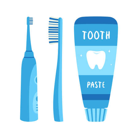 set of electric and handle toothbrush with tube of toothpaste isolated on white background, vector flat design illustrationのイラスト素材