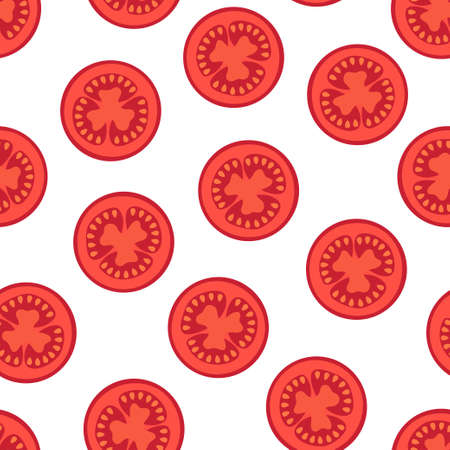 red tomato slice seamless pattern isolated on white, vector illustration, flat design, healthy foodのイラスト素材