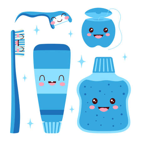 set of elements for healthy teeth, vector illustration for dental hygiene toothpaste, floss, toothbrush and mouthwash, cartoon charactersのイラスト素材