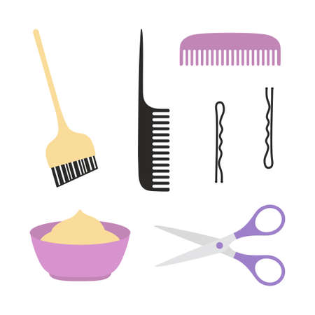 set of barber tools and hair care products, barbershop equipment isolated on white background, scissors, hair dye, brush, hairpins, combs, flat cartoon vector illustrationのイラスト素材