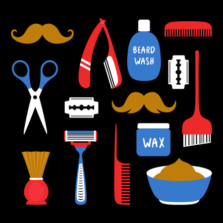 set with elements for shaving isolated on black background, hairdresser elementsのイラスト素材