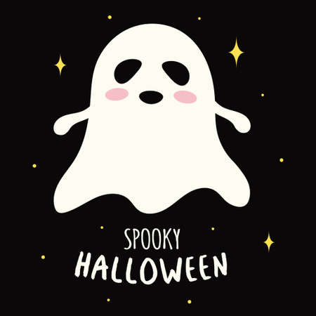 cute white ghost on dark background, halloween card with cartoon spirit, vector illustrationのイラスト素材