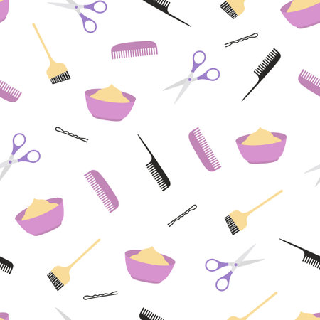 seamless pattern with hairdressing tools, scissors, combs, paint, hairpins and brush, hair salon accessories on white background, color vector illustrationのイラスト素材