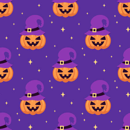 halloween seamless pattern pumpkin with witch hat and stars on blue background, flat design, vector illustrationのイラスト素材