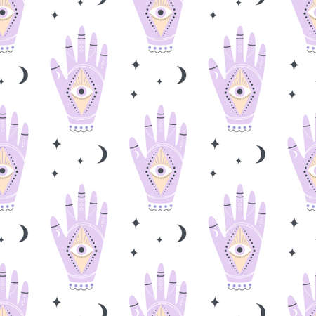seamless pattern with mystical purple hand, black stars and moon on white background, occult print of hand with seeing eye, flat designのイラスト素材