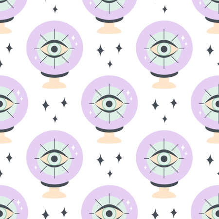 crystal ball seamless pattern, fortune telling, occult magic ball on white background, vector illustration, cartoon styleのイラスト素材
