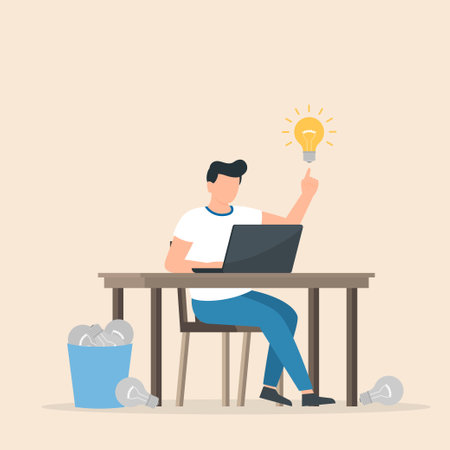 Man working on his laptop pointing finger up at bright light bulb. Man having good idea. Vector illustration.のイラスト素材