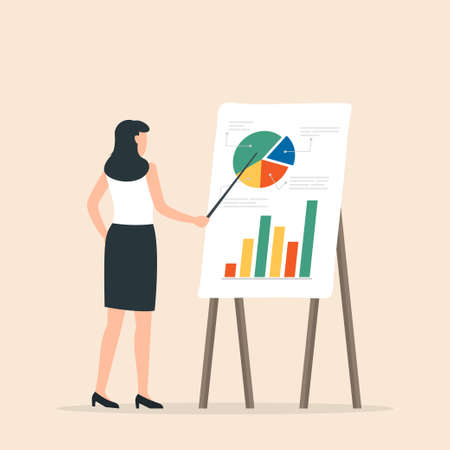 Woman standing near flip chart and pointing graph and diagram. Business meeting, project presentation for audience. Vector illustration.のイラスト素材