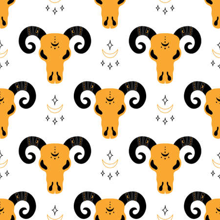 vector seamless pattern with magical astrology spirituality and occultism symbol, ram skull tribal background, best illustration for wrapping, wallpaper or print designのイラスト素材