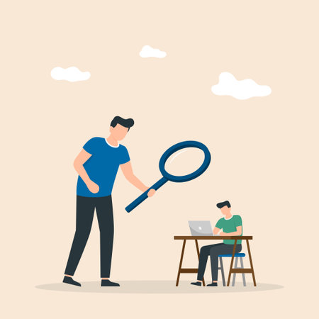 Man under magnifying glass. Concept of employee monitoring by boss, hand with magnifying glass. Vector illustration.のイラスト素材