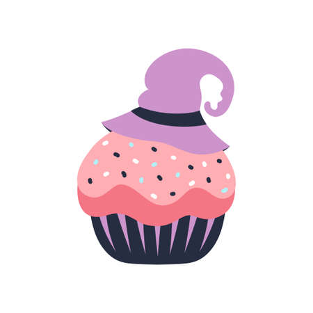 cute cartoon vector cupcake with witch hat, funny halloween illustration isolated on white backgroundのイラスト素材