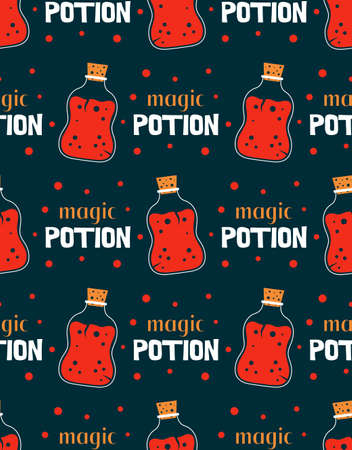 vector seamless pattern with cute glass bottles with drinks, magic potions pattern, young witches and wizards background with polka dots backgroundのイラスト素材