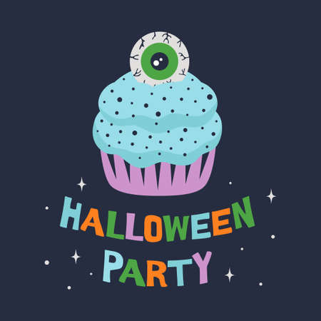 halloween sweet cupcake isolated on dark background, scary muffin with decorative eye, creepy desert, vector illustrationのイラスト素材