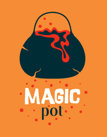 halloween poster with cauldron, greeting card with magic pot and lettering, creepy vector illustration isolated on orange backgroundのイラスト素材