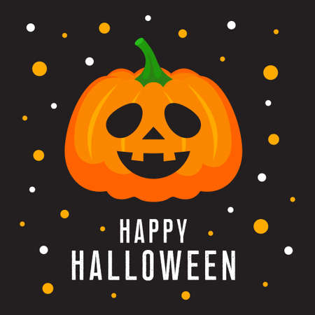happy halloween greeting card, vector cute illustration, holiday decoration with cartoon cute pumpkinのイラスト素材
