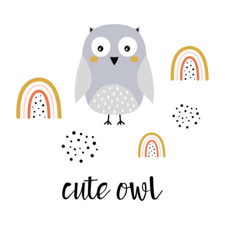 cute owl vector illustration isolated on white, cartoon owl and rainbow vector print, can be used for any designのイラスト素材