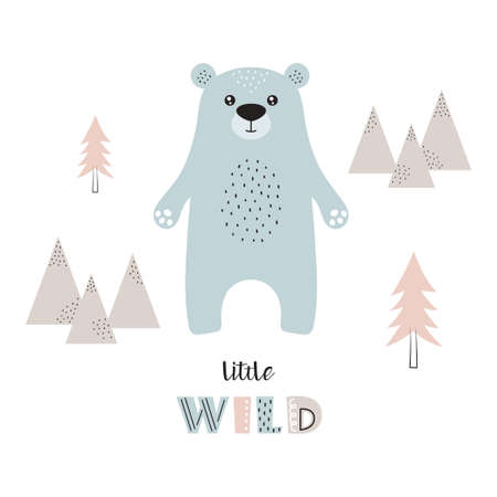 greeting card with cartoon cute bear and text little wild on background of mountains and christmas trees, print for children, vector illustrationのイラスト素材