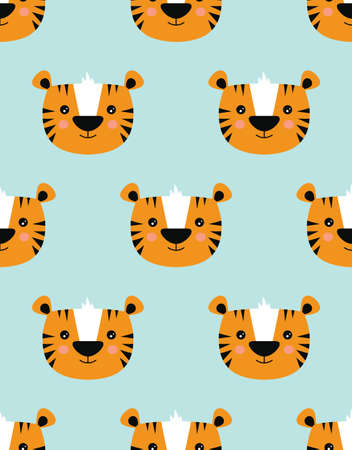 muzzle of tigers, colorful seamless pattern with cartoon tiger on blue background, animals print, decorative cute wallpaper, vector illustrationのイラスト素材