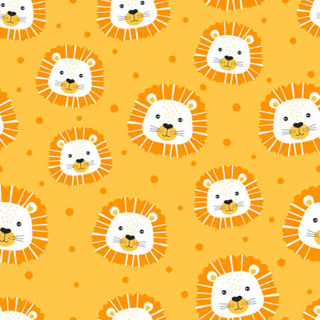 muzzle of lions in scandinavian style, colorful seamless pattern with muzzles of animals isolated on orange background, vector illustrationのイラスト素材