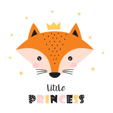 vector illustration of cute fox face in crown and lettering little princess isolated on white background, scandinavian style, flat design, concept for children printのイラスト素材
