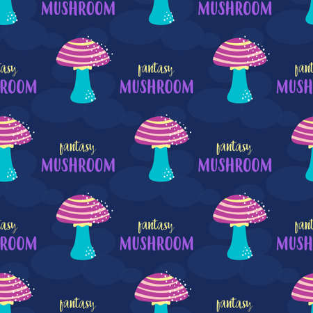 colorful seamless pattern with cute mushrooms and lettering on dark background, creative abstract print with magic fantasy mushroomsのイラスト素材
