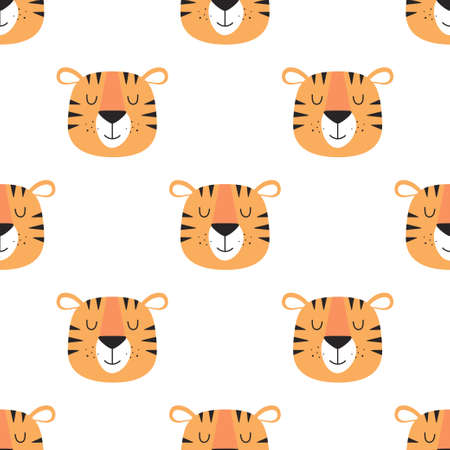 cute seamless pattern with tiger heads on white, cartoon childish animal background, vector illustration, flat designのイラスト素材